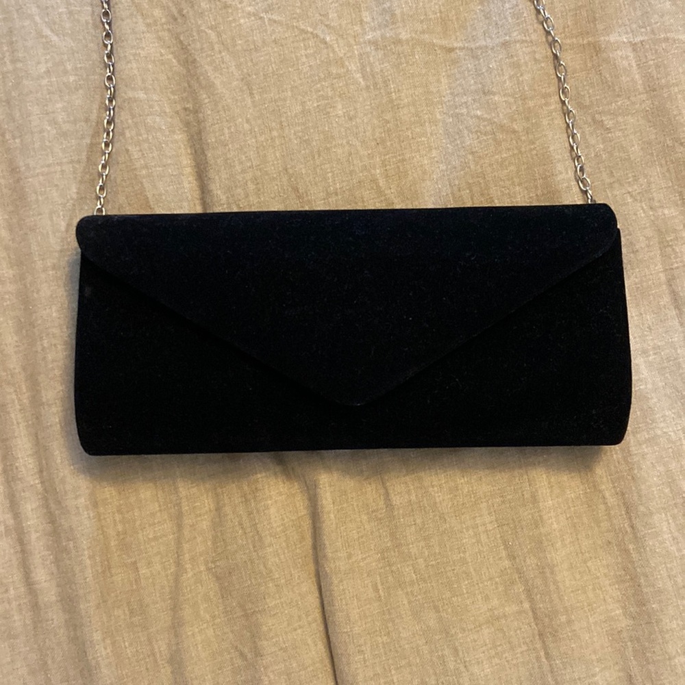 Black velvet clutch with chain crossbody